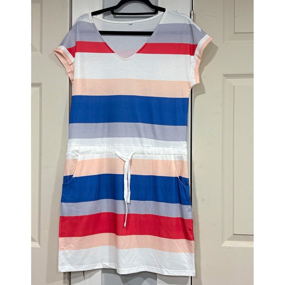 Women's M Striped Knit T-Shirt Dress V-Neck Drawstring Waist Pockets